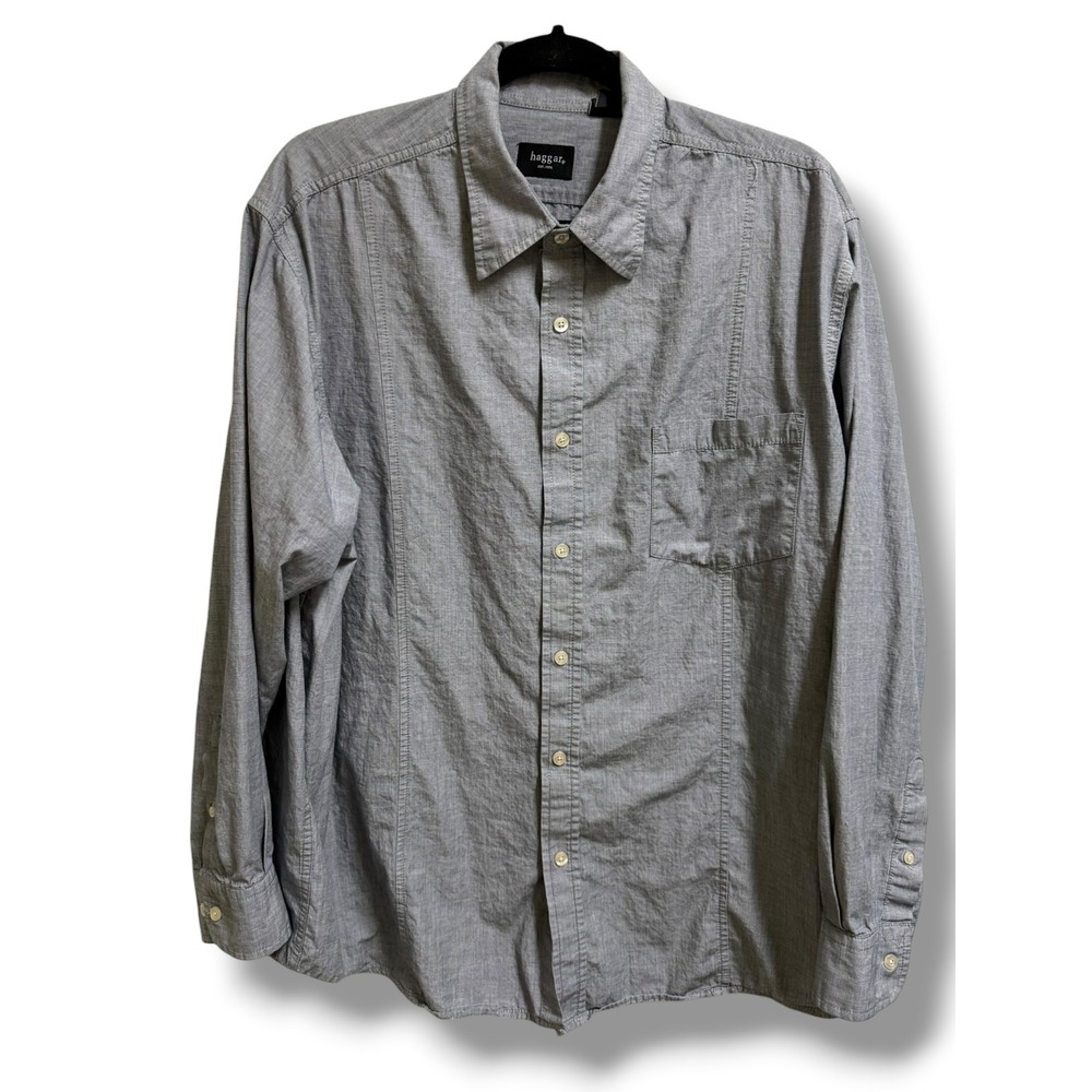 Haggar Mens Button‎ Down Shirt XL Grey Micro Stripe Cotton Long Sleeve Business